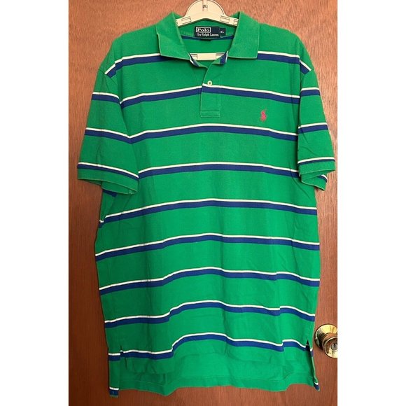 Polo‎ Ralph Lauren Polo Shirt Mens XL Green Blue Stripes Pony Logo Short Sleeve - Picture 1 of 4